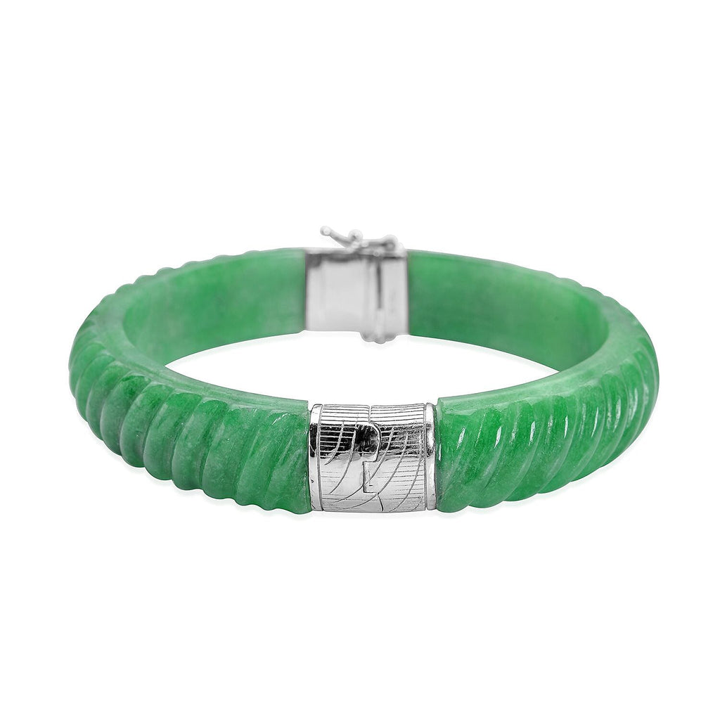 Designer Inspired-Carved Green Jade Bangle  in Rhodium Overlay Sterling Silver 206.50 Ct.