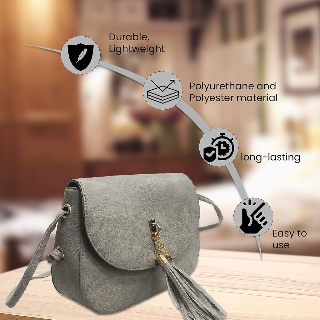 Designer Inspired Crossbody Bag with Tassel and Shoulder Strap (Size 23x18x8 Cm) - Grey