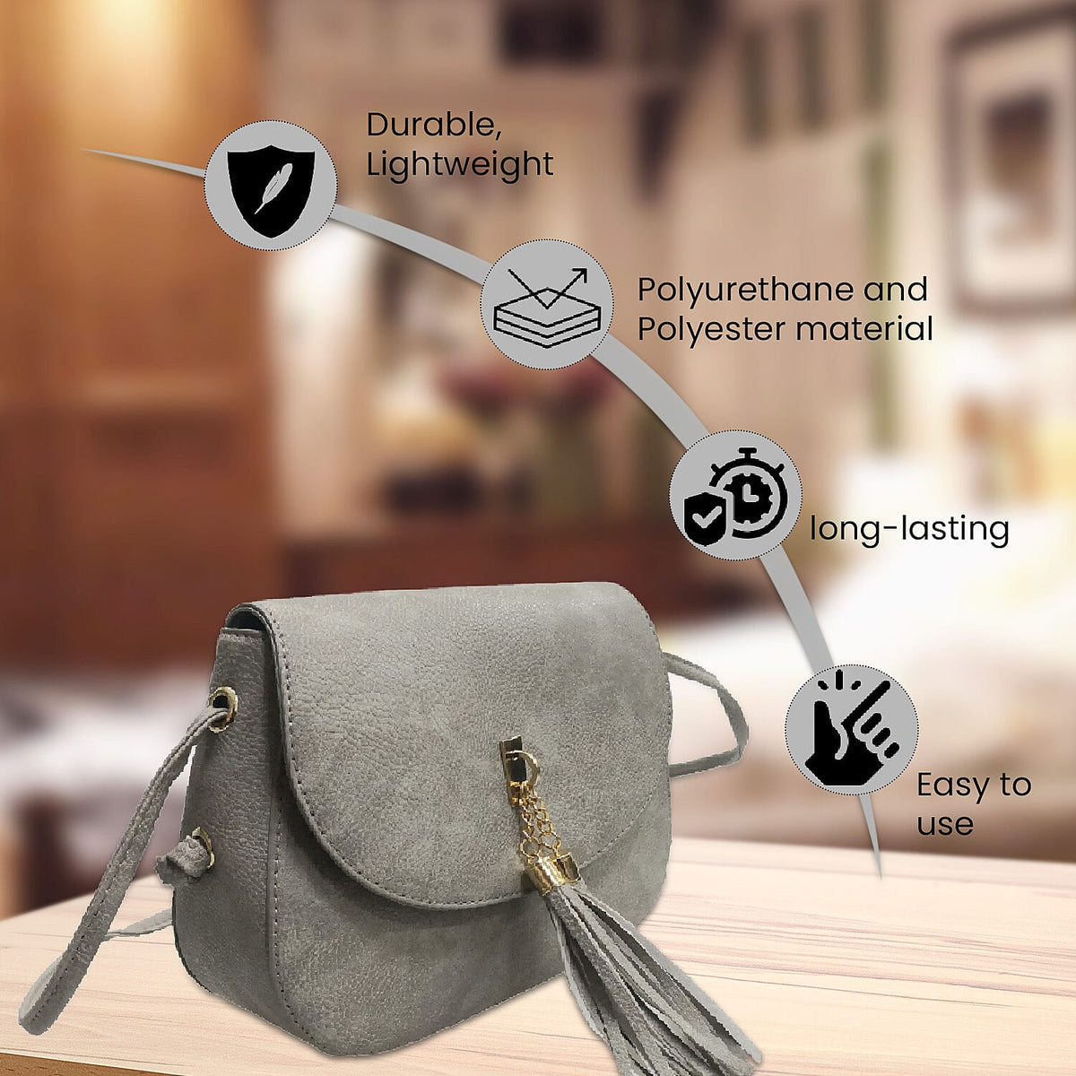 Designer Inspired - Crossbody Bag with Tassel and Shoulder Strap - Grey 7166086 2