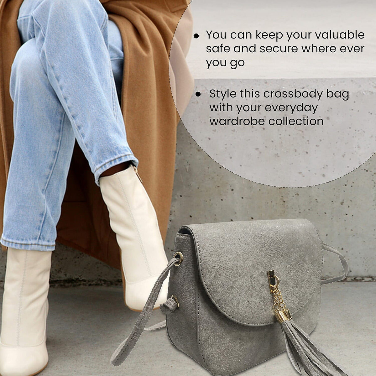 Designer Inspired - Crossbody Bag with Tassel and Shoulder Strap - Grey 7166086 3