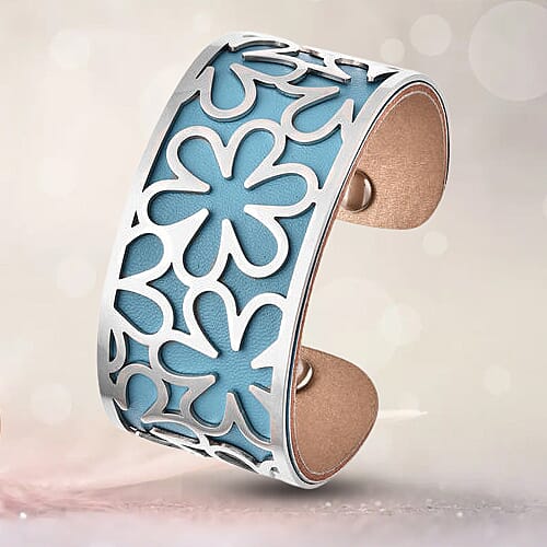 Designer Inspired-Floral Pattern Cuff Bangle (Size 7.5) in Stainless Steel 6032925 0