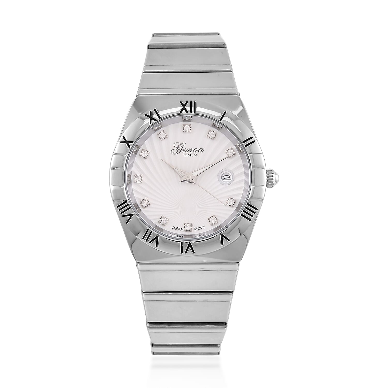 Designer Inspired - GENOA TIME V2 Japanese Movt. Crystal Studded White Dial Watch with Stainless Steel Chain Strap - Silver 7799577 0
