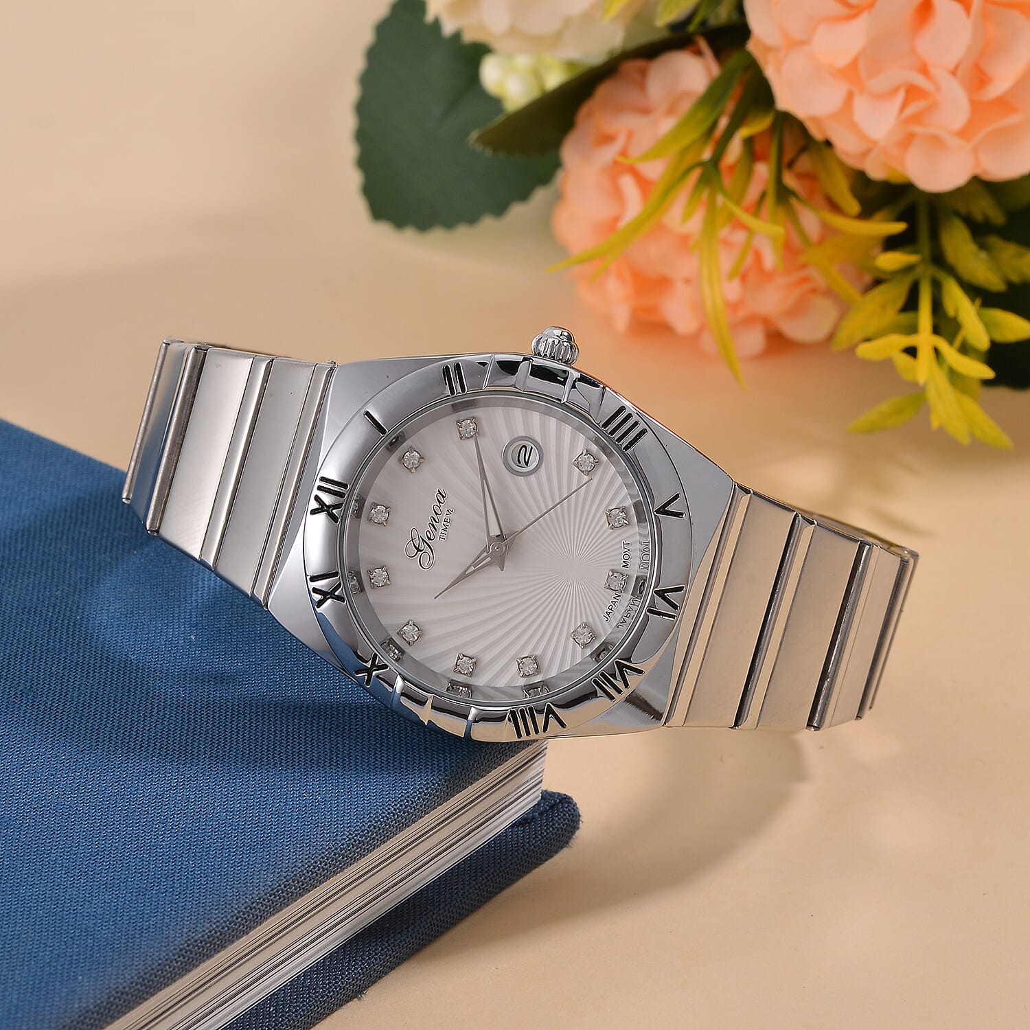 Designer Inspired - GENOA TIME V2 Japanese Movt. Crystal Studded White Dial Watch with Stainless Steel Chain Strap - Silver 7799577 2