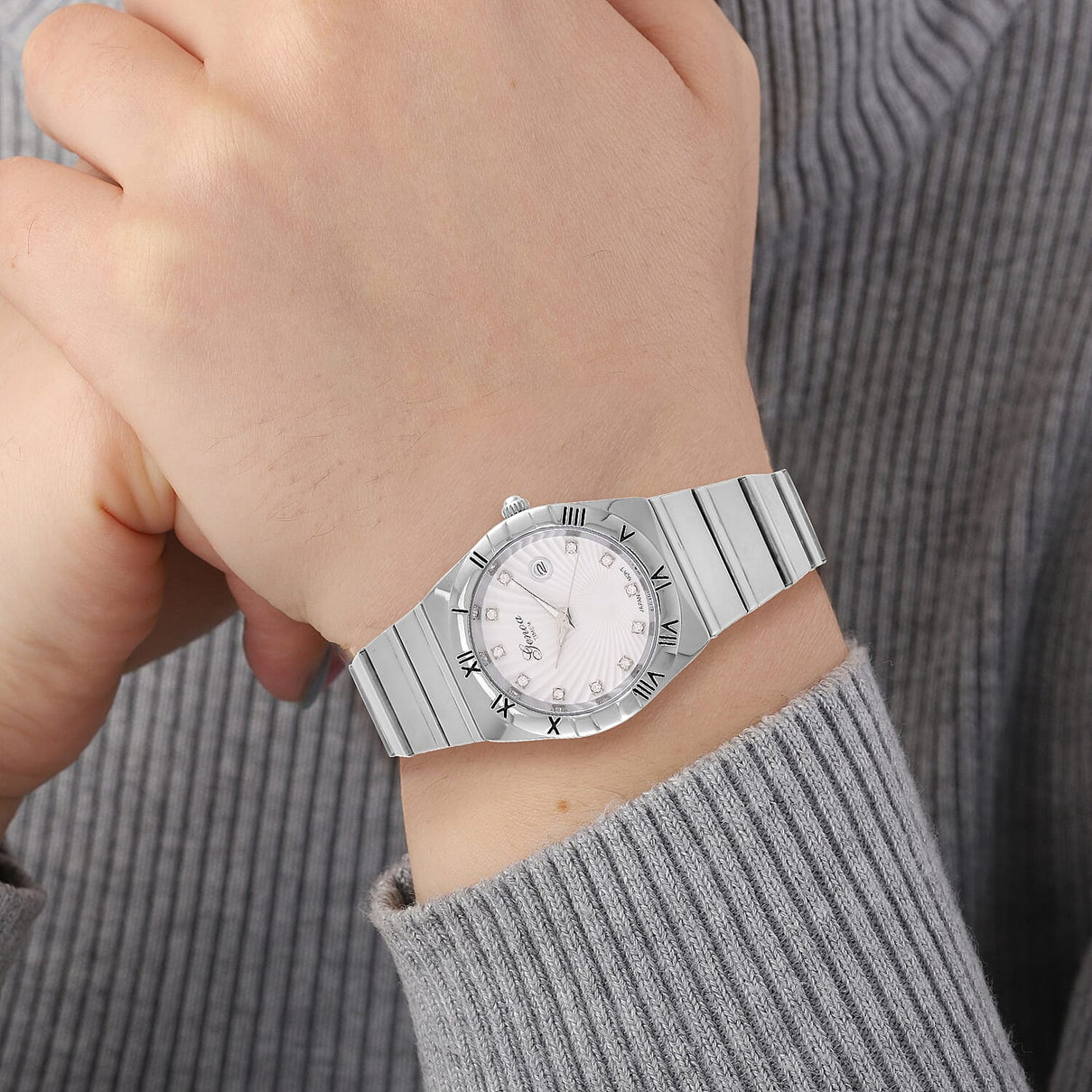 Designer Inspired - GENOA TIME V2 Japanese Movt. Crystal Studded White Dial Watch with Stainless Steel Chain Strap - Silver 7799577 3