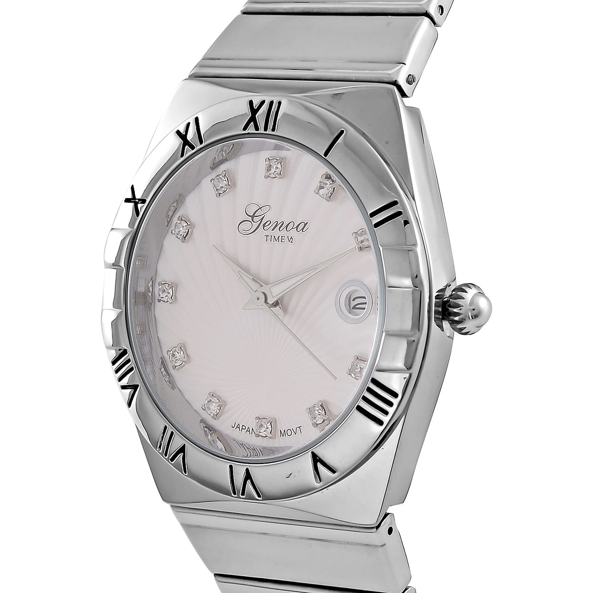 Designer Inspired - GENOA TIME V2 Japanese Movt. Crystal Studded White Dial Watch with Stainless Steel Chain Strap - Silver 7799577 4