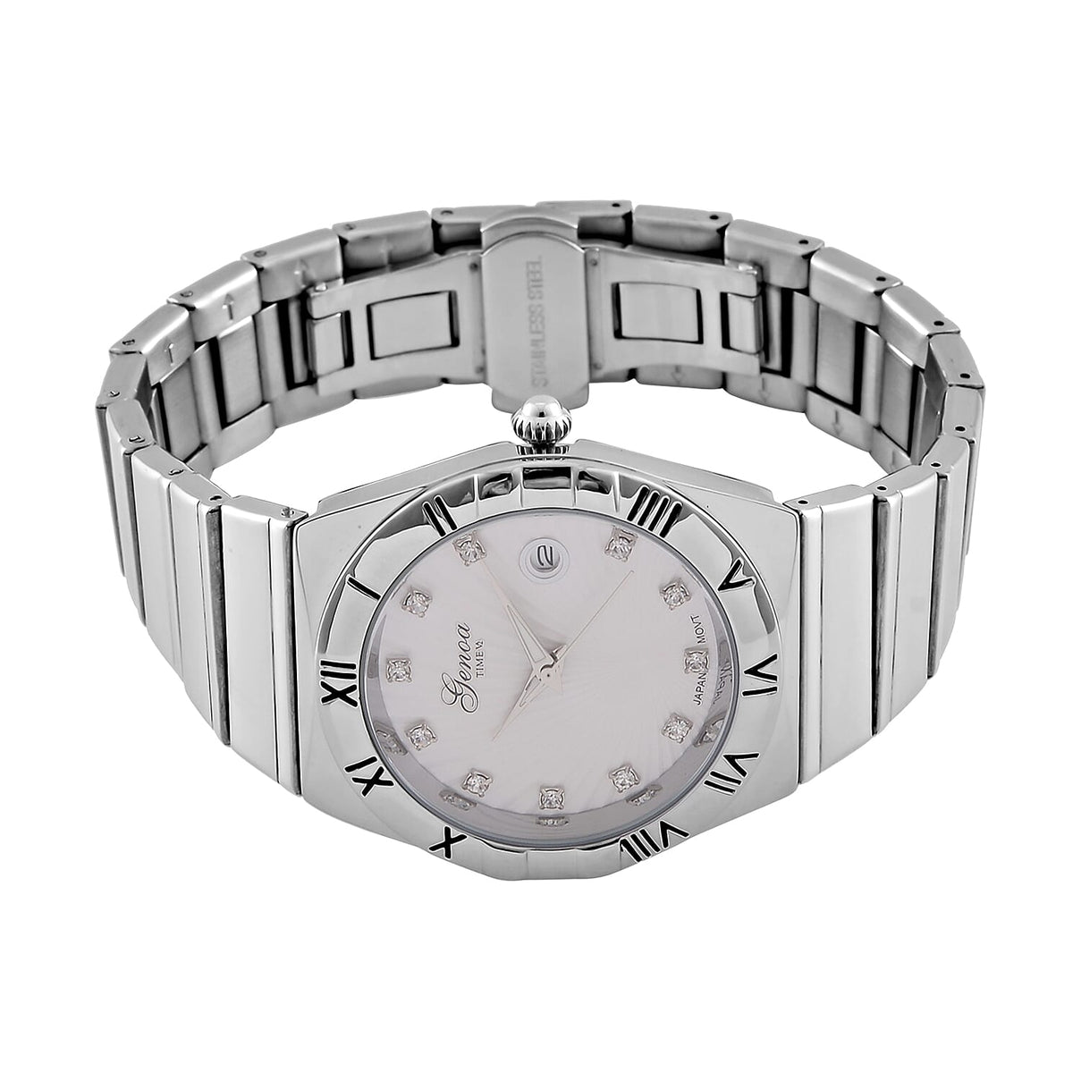 Designer Inspired - GENOA TIME V2 Japanese Movt. Crystal Studded White Dial Watch with Stainless Steel Chain Strap - Silver 7799577 5