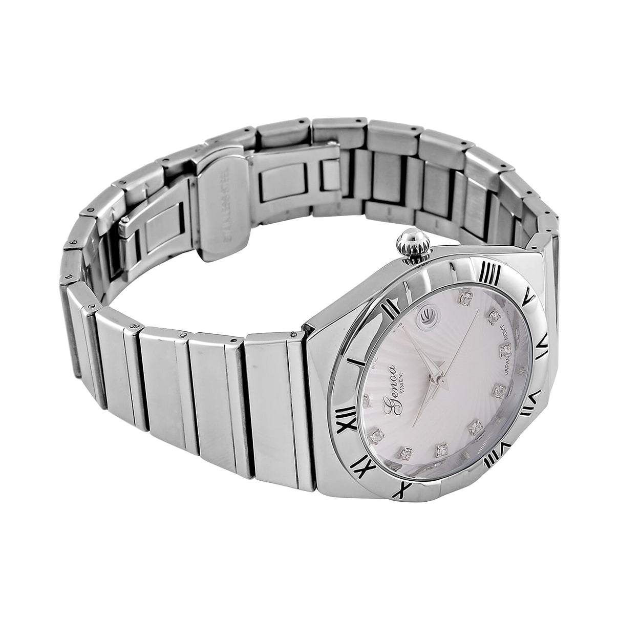 Designer Inspired - GENOA TIME V2 Japanese Movt. Crystal Studded White Dial Watch with Stainless Steel Chain Strap - Silver 7799577 6