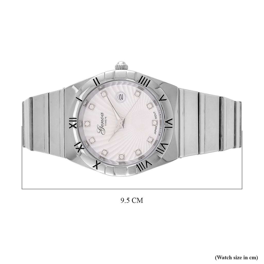 Designer Inspired - GENOA TIME V2 Japanese Movt. Crystal Studded White Dial Watch with Stainless Steel Chain Strap - Silver