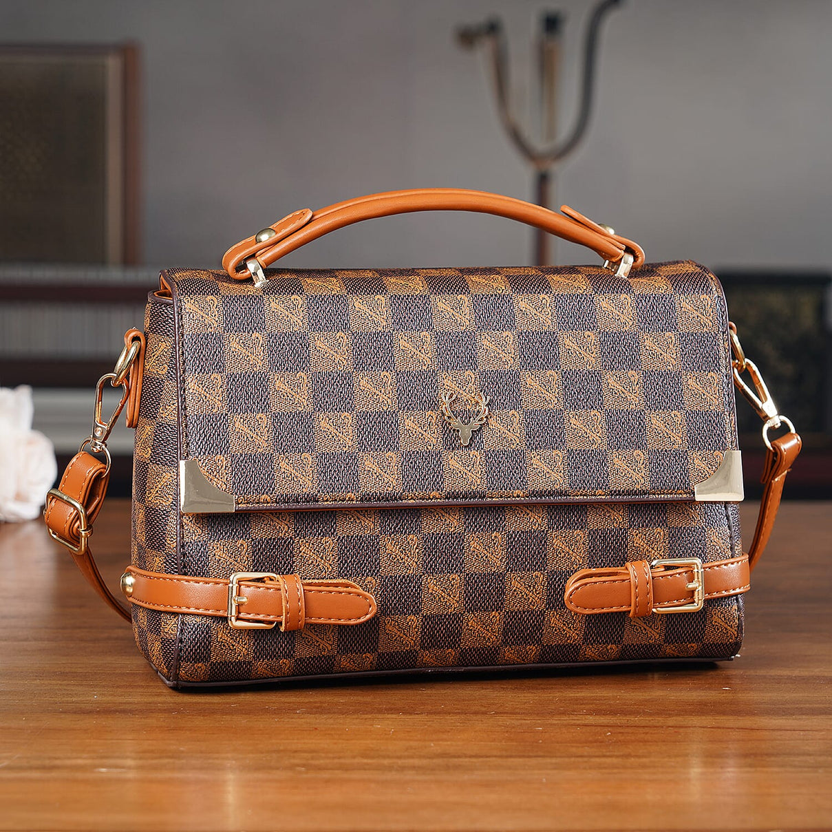 Designer-Inspired Geometric Pattern Sling Handbag - Light Brown 8202819 1