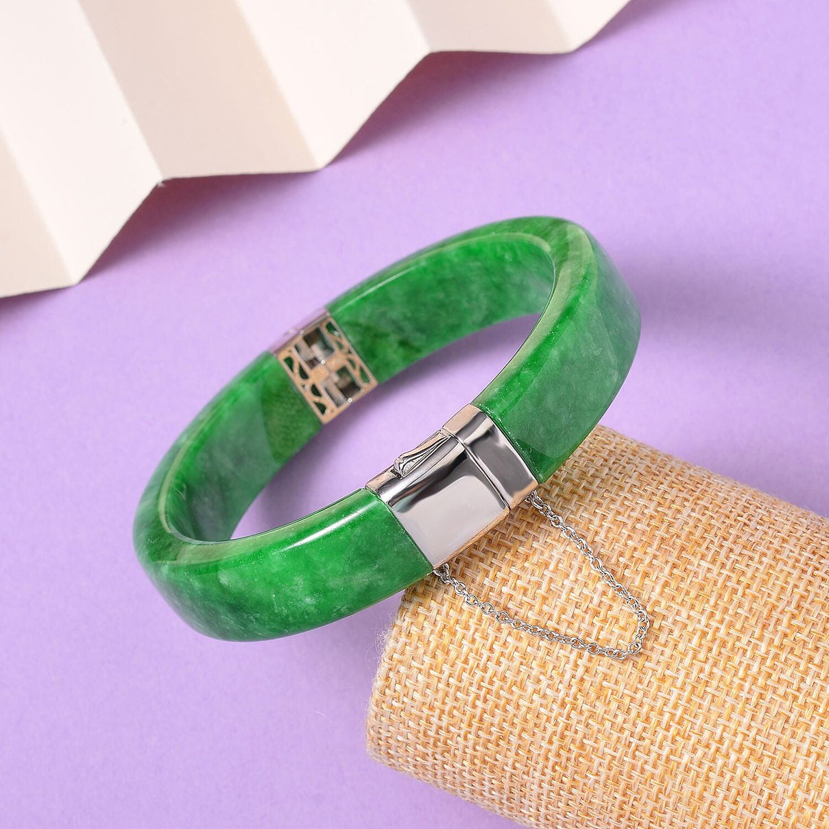 Designer Inspired - Green Jade Bangle (Size 7.5) in Rhodium Overlay Sterling Silver 270.00 Ct. 7668768 2