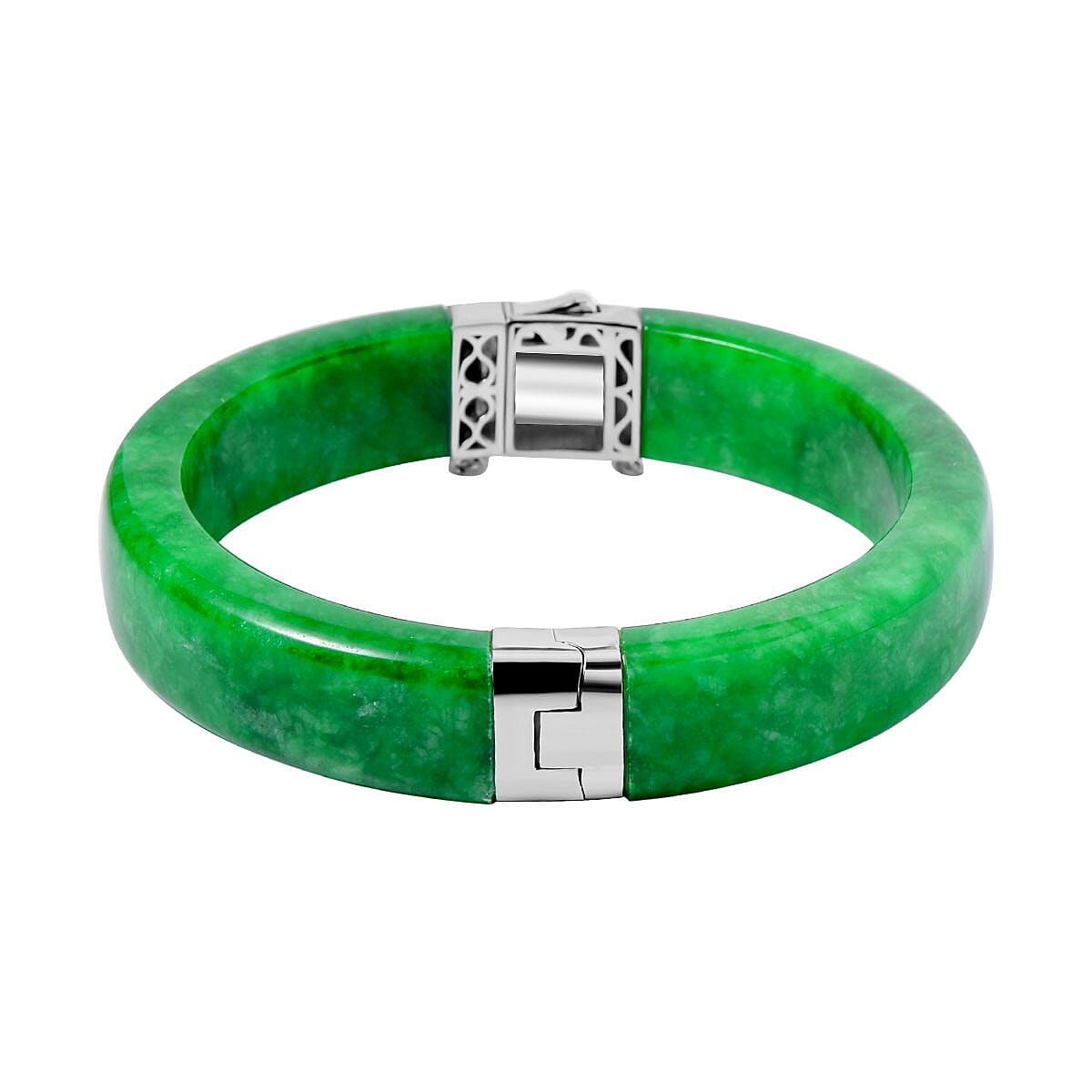 Designer Inspired - Green Jade Bangle (Size 7.5) in Rhodium Overlay Sterling Silver 270.00 Ct. 7668768 4
