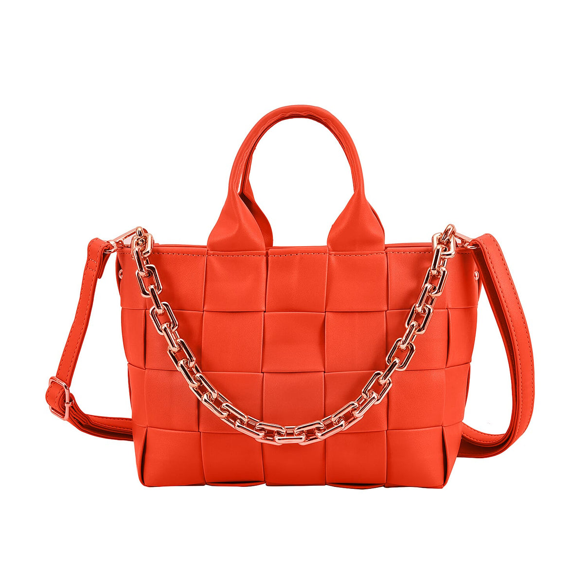 Designer Inspired - Intreccio Crossbody Handbag with Metallic Chain Handdrop - Orange 7019880 0