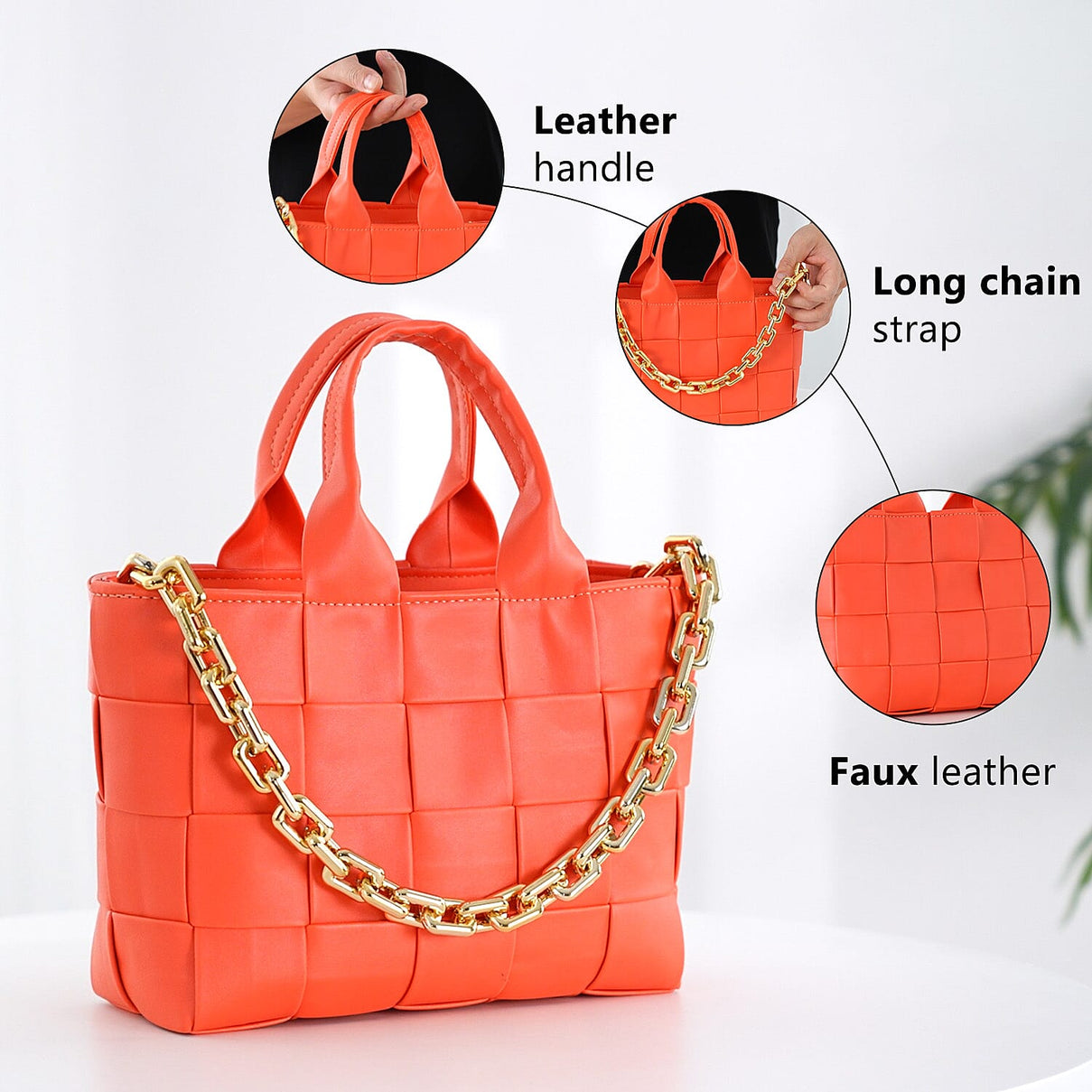Designer Inspired - Intreccio Crossbody Handbag with Metallic Chain Handdrop - Orange 7019880 2