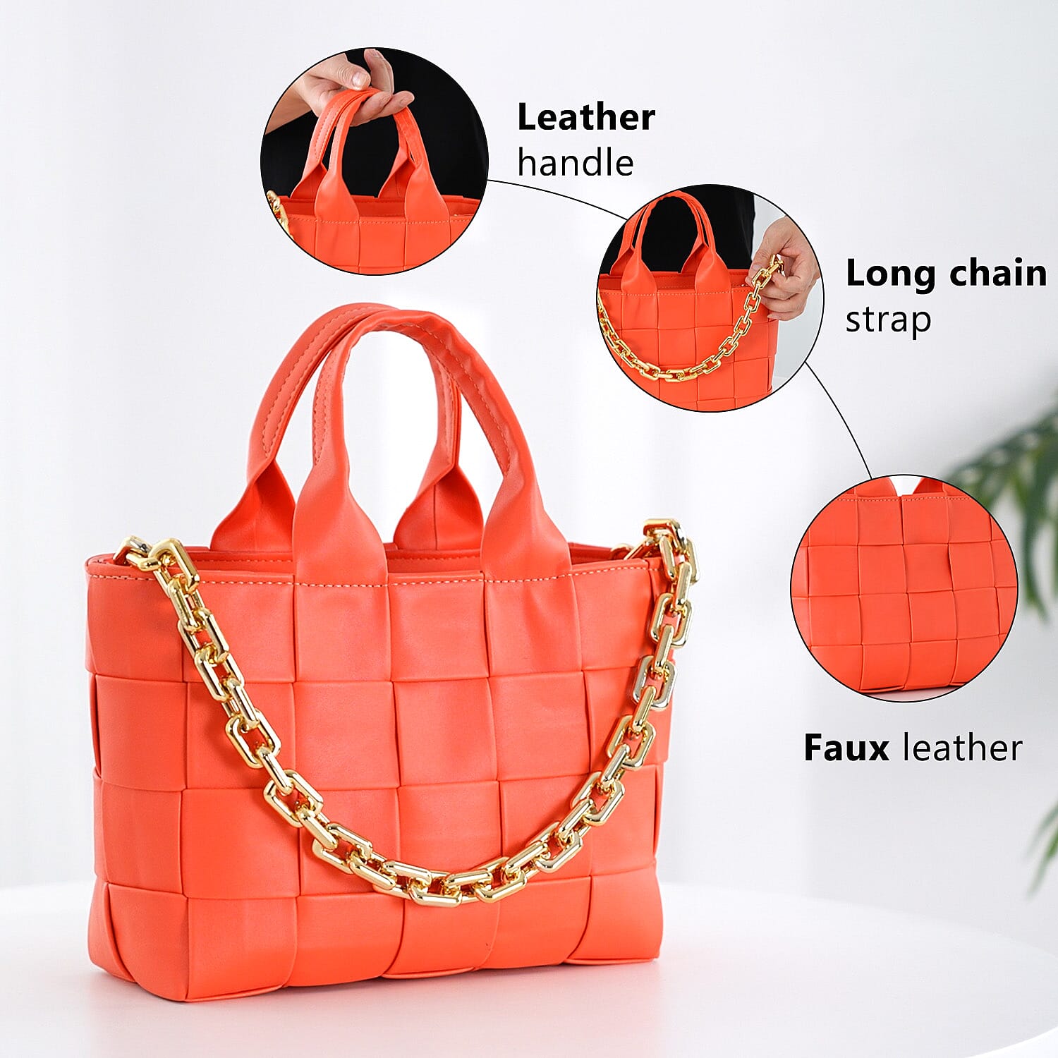Designer Inspired - Intreccio Crossbody Handbag with Metallic Chain Handdrop - Orange 7019880 2