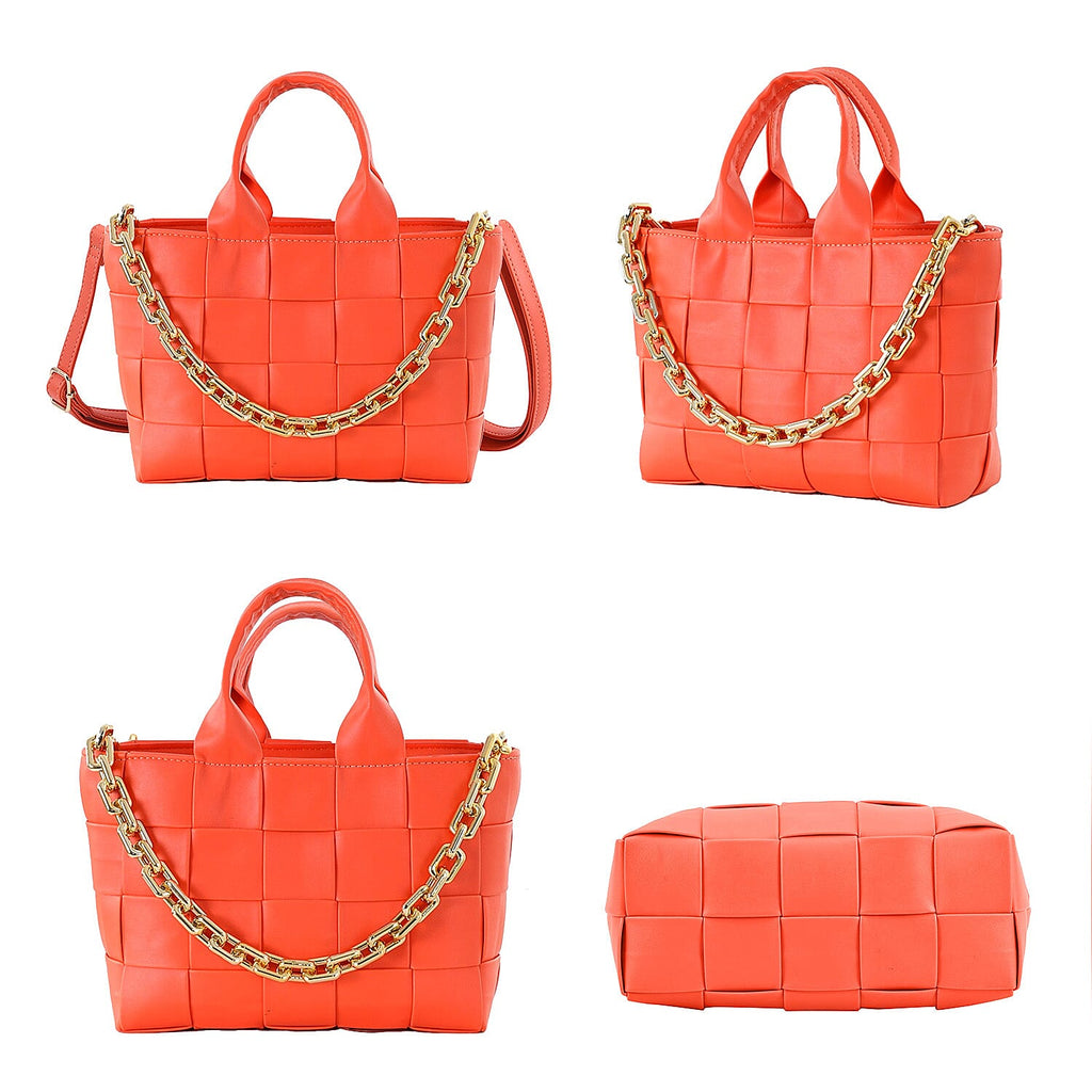 Designer Inspired - Intreccio Crossbody Handbag with Metallic Chain Handle Drop - Orange