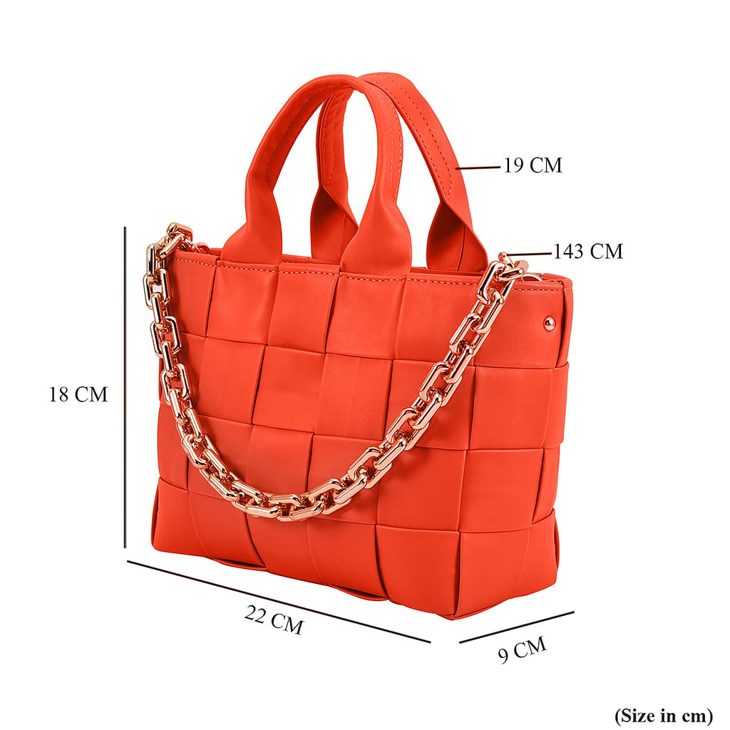 Designer Inspired - Intreccio Crossbody Handbag with Metallic Chain Handle Drop - Orange