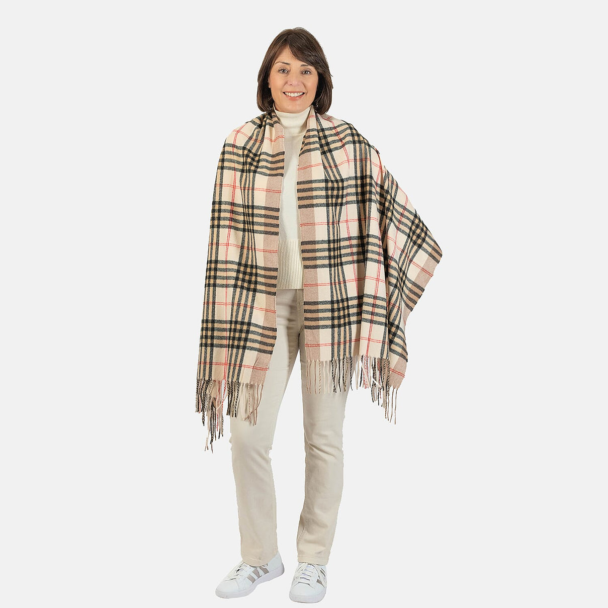 Designer Inspired - Large Check Soft Tassel Scarf - Beige 7712772 0