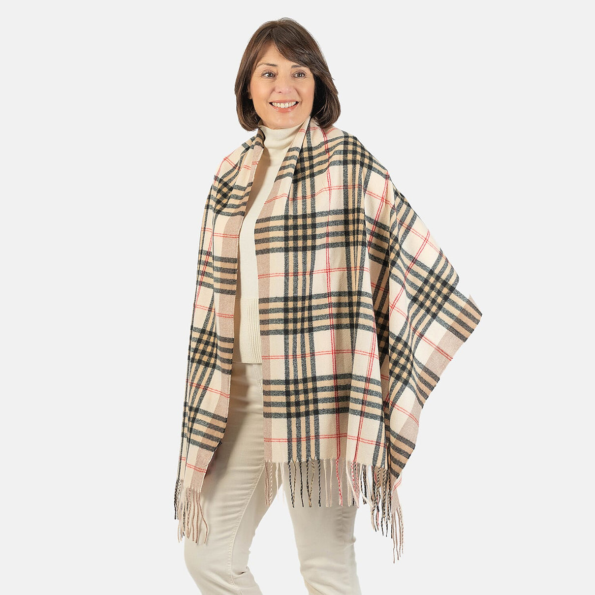 Designer Inspired - Large Check Soft Tassel Scarf - Beige 7712772 1