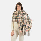Designer Inspired - Large Check Soft Tassel Scarf - Beige
