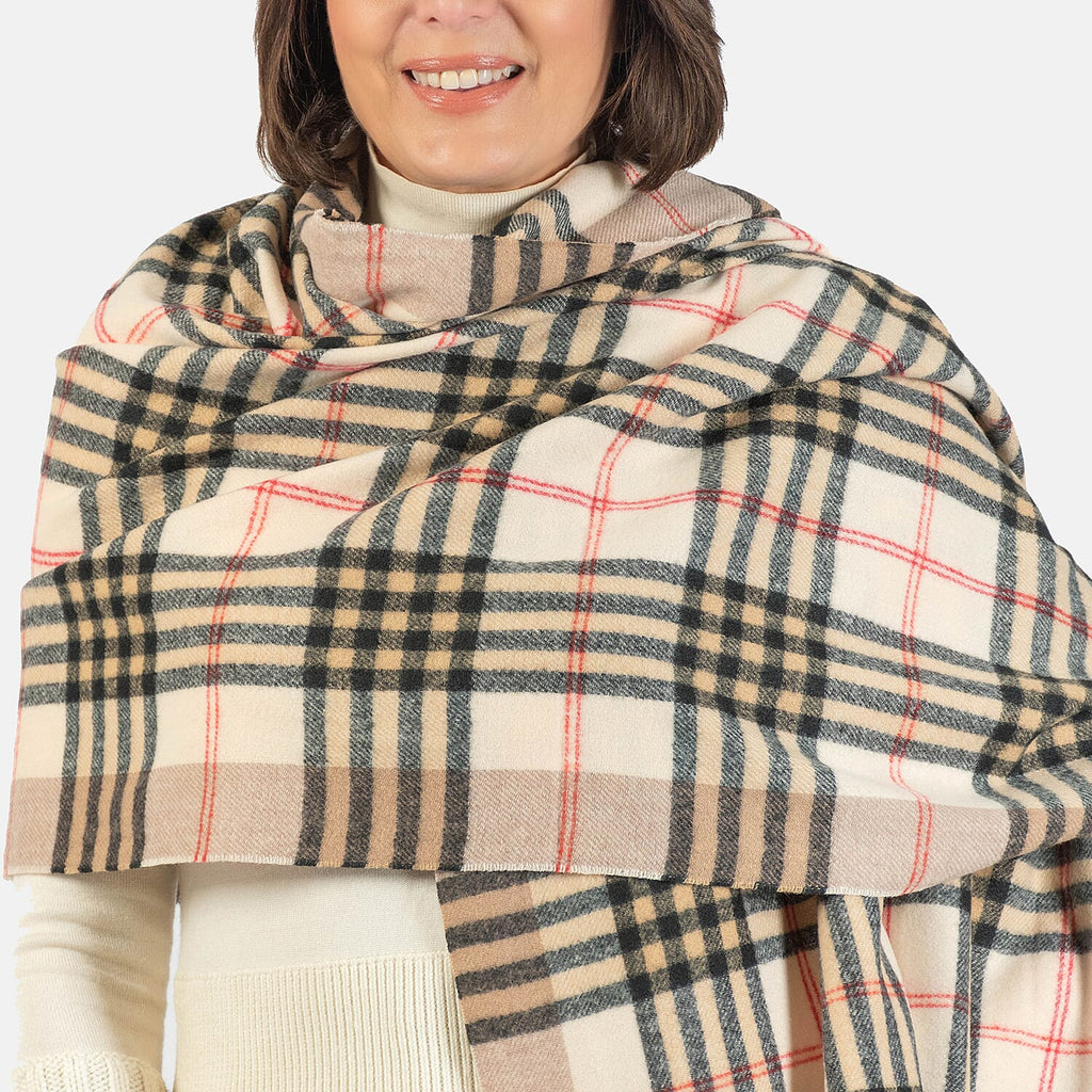 Designer Inspired - Large Check Soft Tassel Scarf - Beige