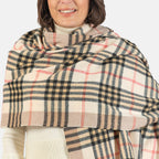 Designer Inspired - Large Check Soft Tassel Scarf - Beige