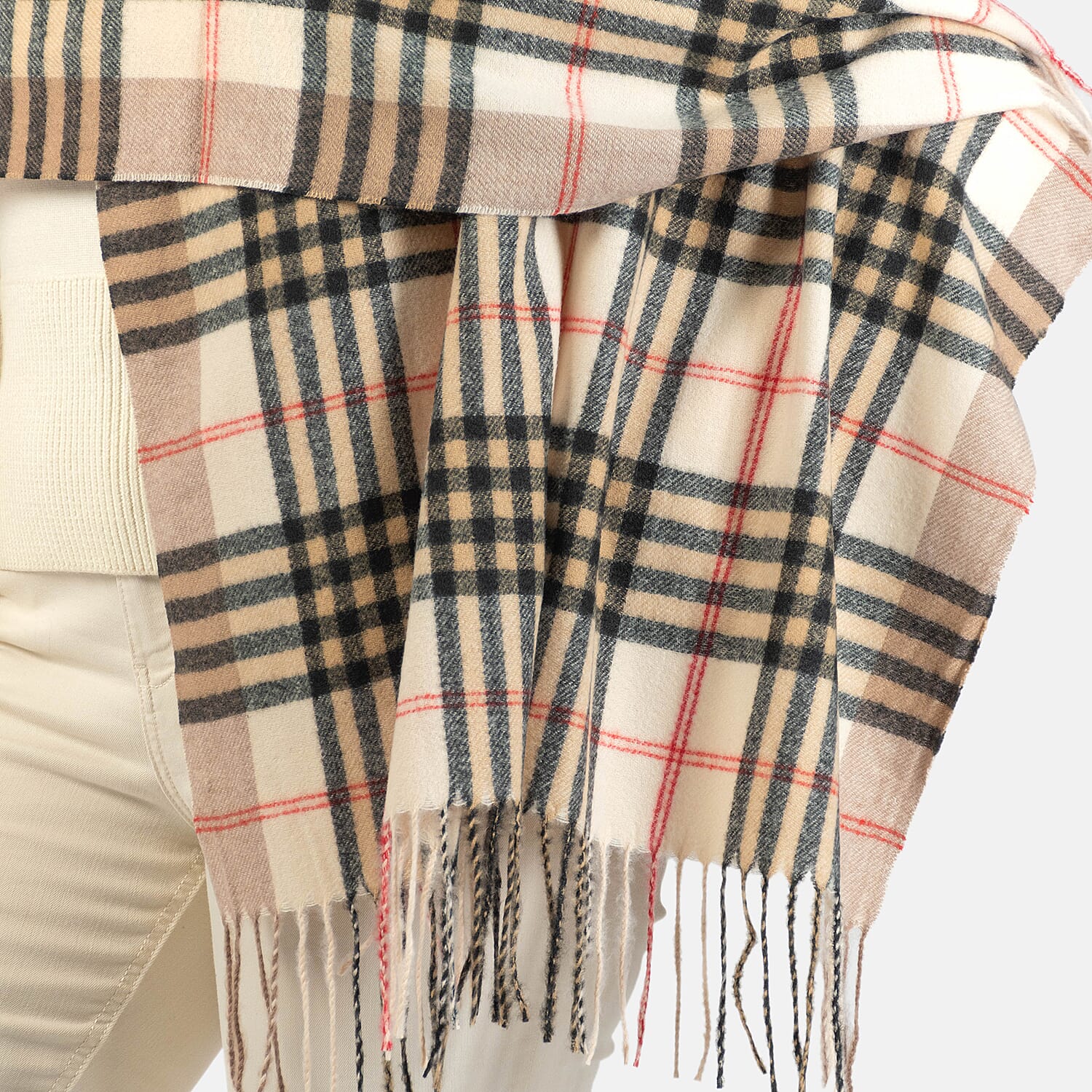 Designer Inspired - Large Check Soft Tassel Scarf - Beige 7712772 4