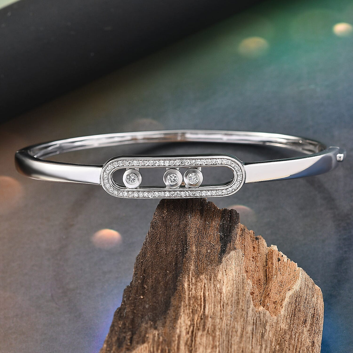 LUXURIANT Lab Grown Diamond Openable Bangle in Rhodium Overlay Sterling Silver 8057443 2