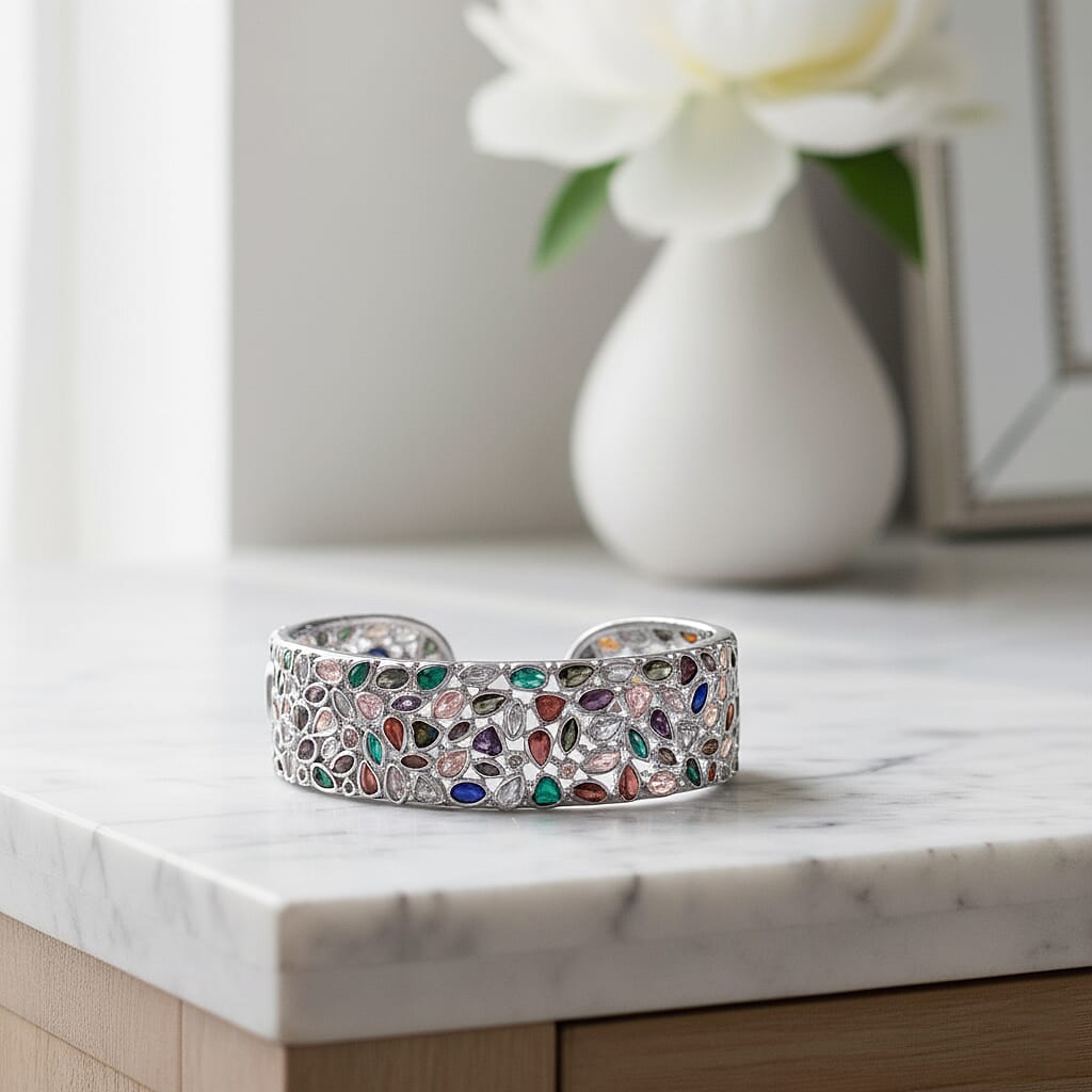 Live From Vegas - Designer Inspired - Multi Color Cubic Zirconia Cuff Bangle (Size - 7.5) V32529290 2