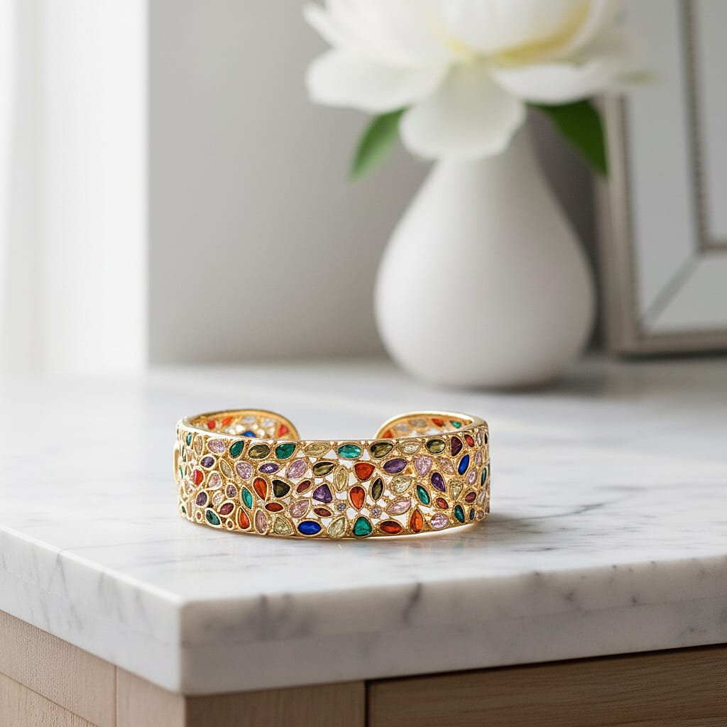 Designer Inspired - Multi Color Cubic Zirconia Cuff Bangle (Size - 7.5) V32514149 2