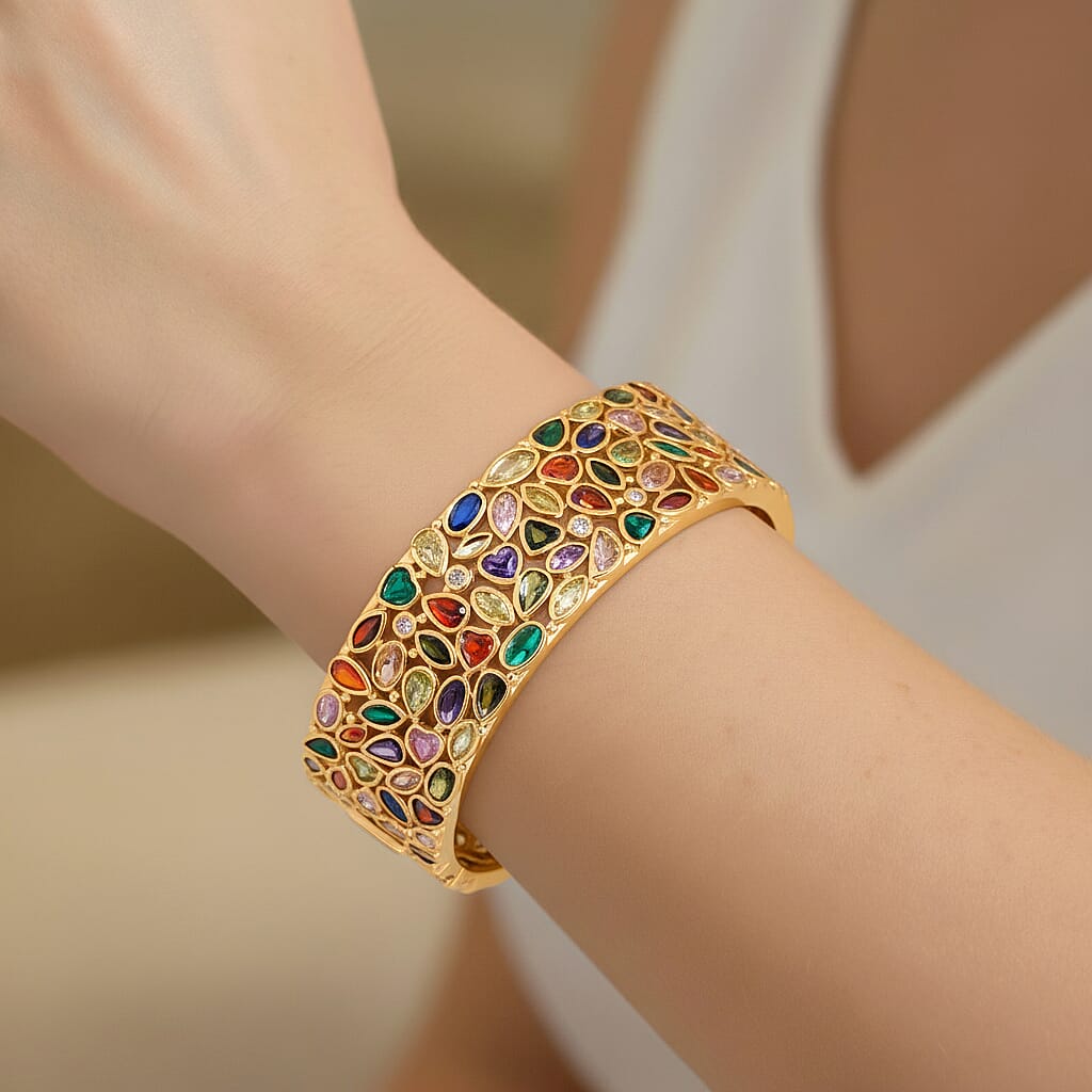 Designer Inspired - Multi Color Cubic Zirconia Cuff Bangle (Size - 7.5) V32514149 3
