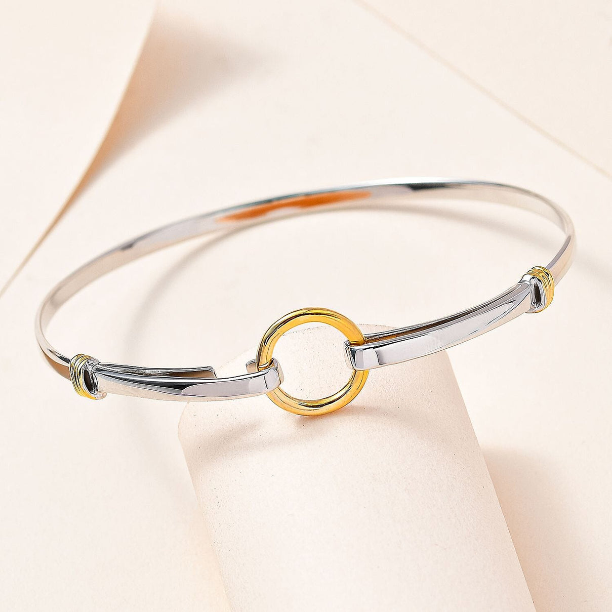 Designer Inspired - Platinum &amp; 18K Yellow Gold Vermeil Yellow Gold Plated Sterling Silver Bangle (Size 7.5), Silver Wt. 8.30 Gms. 7648996 2