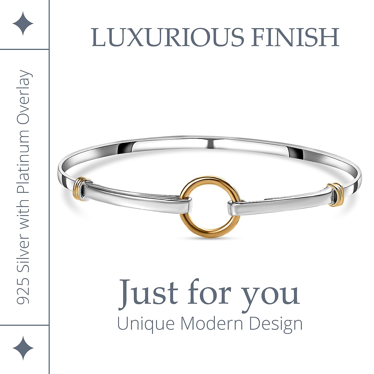 Designer Inspired - Platinum &amp; 18K Yellow Gold Vermeil Yellow Gold Plated Sterling Silver Bangle (Size 7.5), Silver Wt. 8.30 Gms. 7648996 5