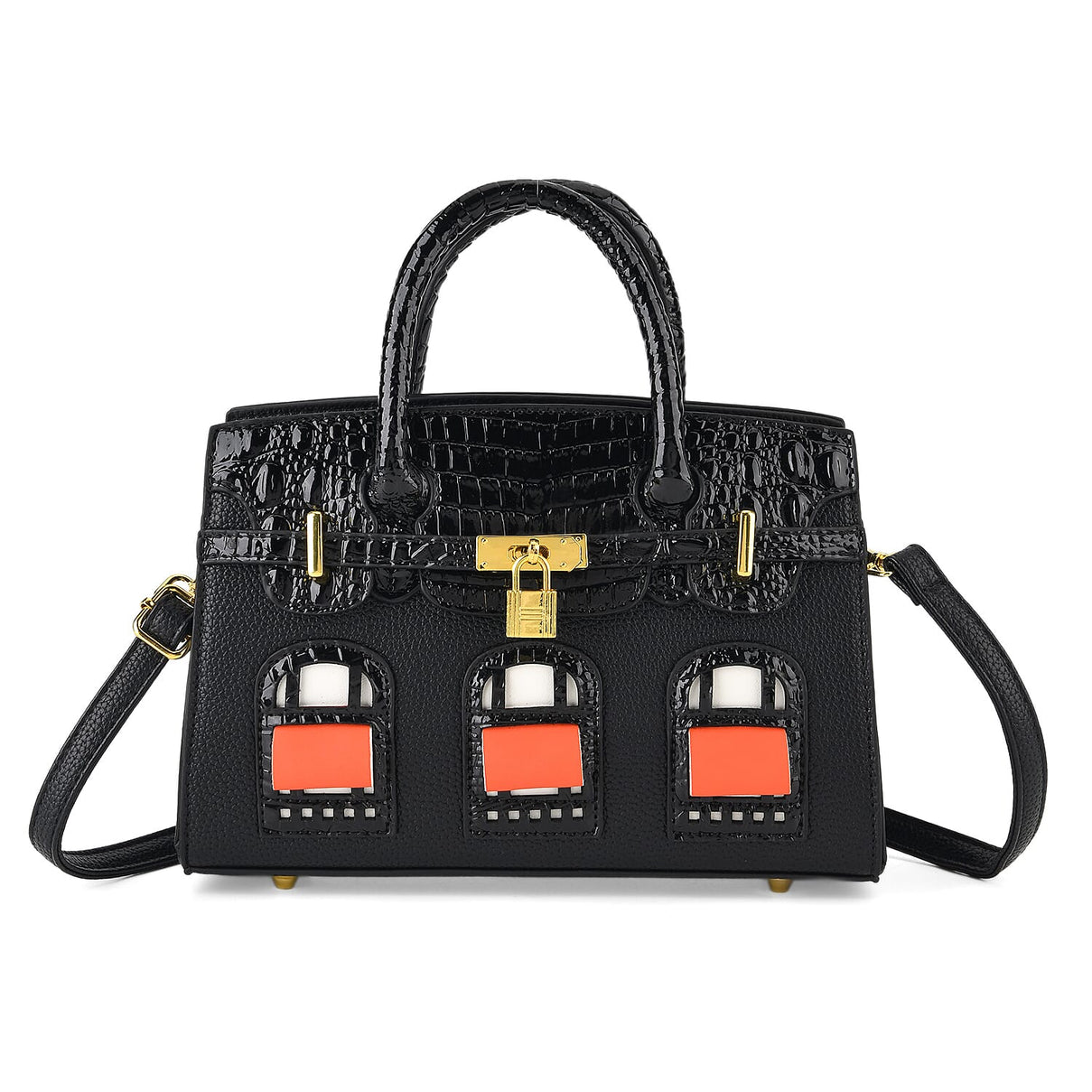 Designer-Inspired Structured Handbag with Crossbody Strap - Black 8447533 0