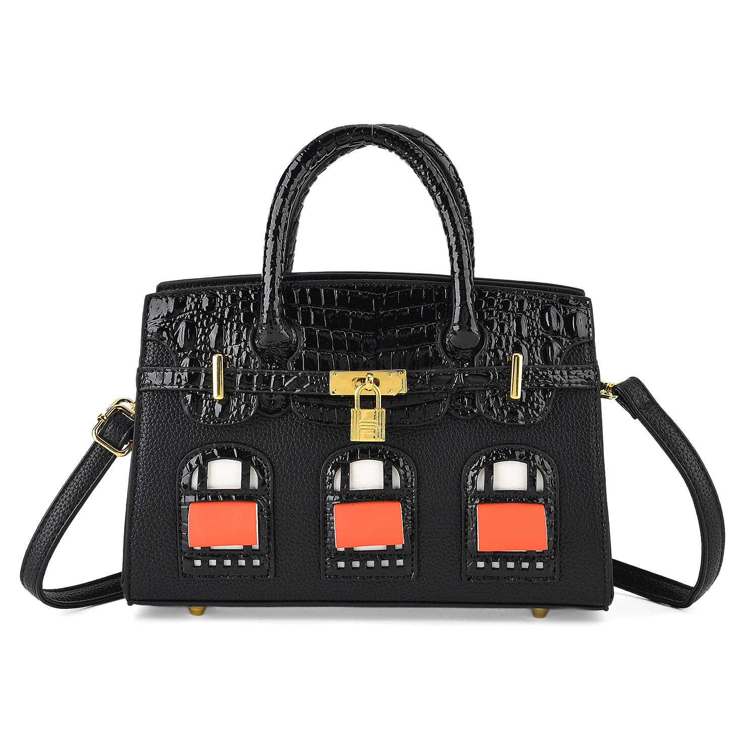 Designer-Inspired Structured Handbag with Crossbody Strap - Black 8447533 0