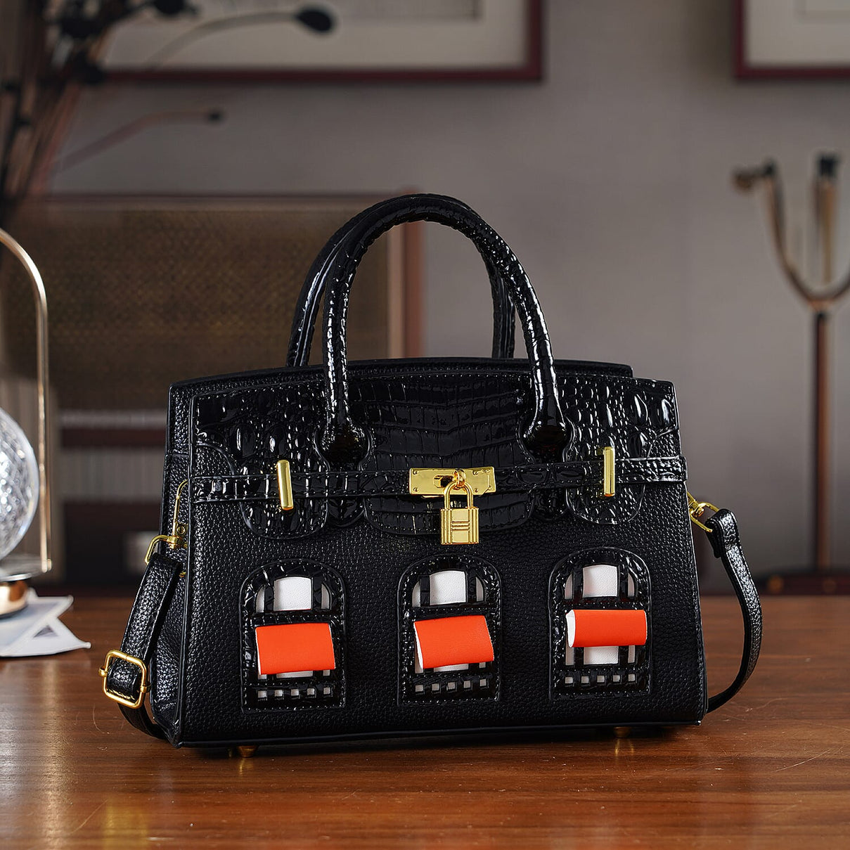 Designer-Inspired Structured Handbag with Crossbody Strap - Black 8447533 1