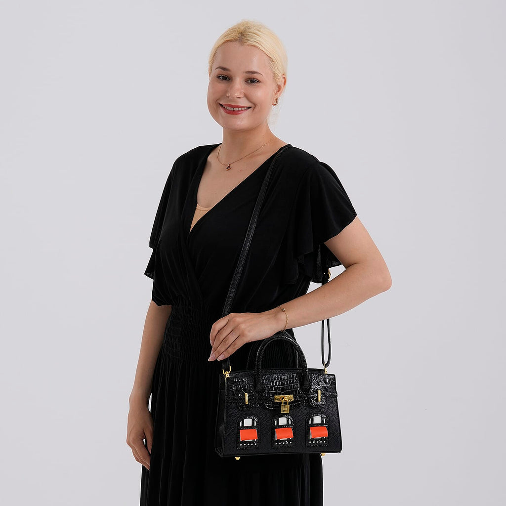 Designer-Inspired Structured Handbag with Crossbody Strap - Black