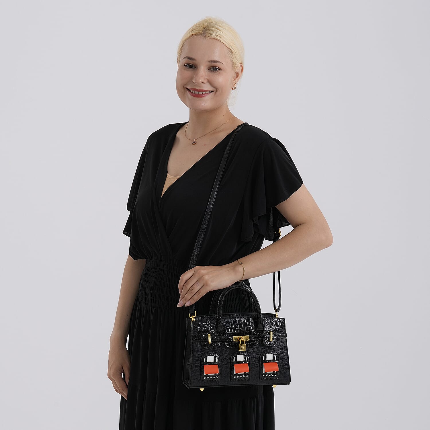 Designer-Inspired Structured Handbag with Crossbody Strap - Black 8447533 2