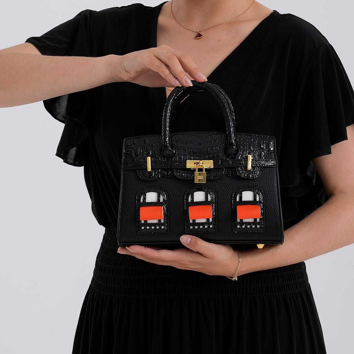 Designer-Inspired Structured Handbag with Crossbody Strap - Black 8447533 3