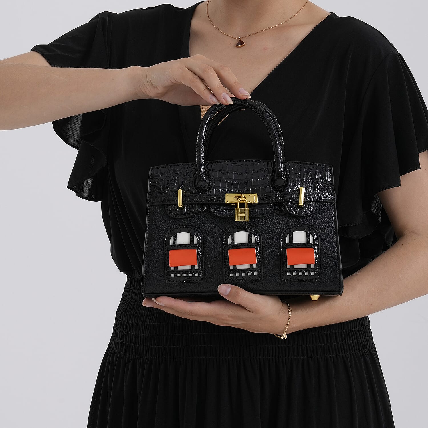 Designer-Inspired Structured Handbag with Crossbody Strap - Black 8447533 3