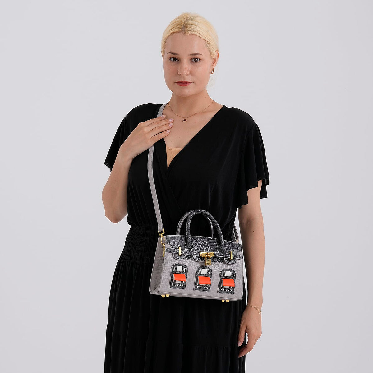 Designer-Inspired Structured Handbag with Crossbody Strap - Grey 8447539 3