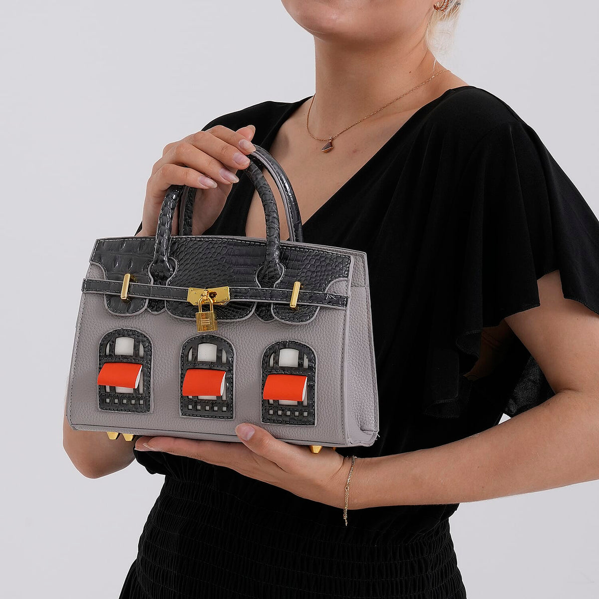 Designer-Inspired Structured Handbag with Crossbody Strap - Grey 8447539 4