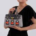 Designer-Inspired Structured Handbag with Crossbody Strap - Grey
