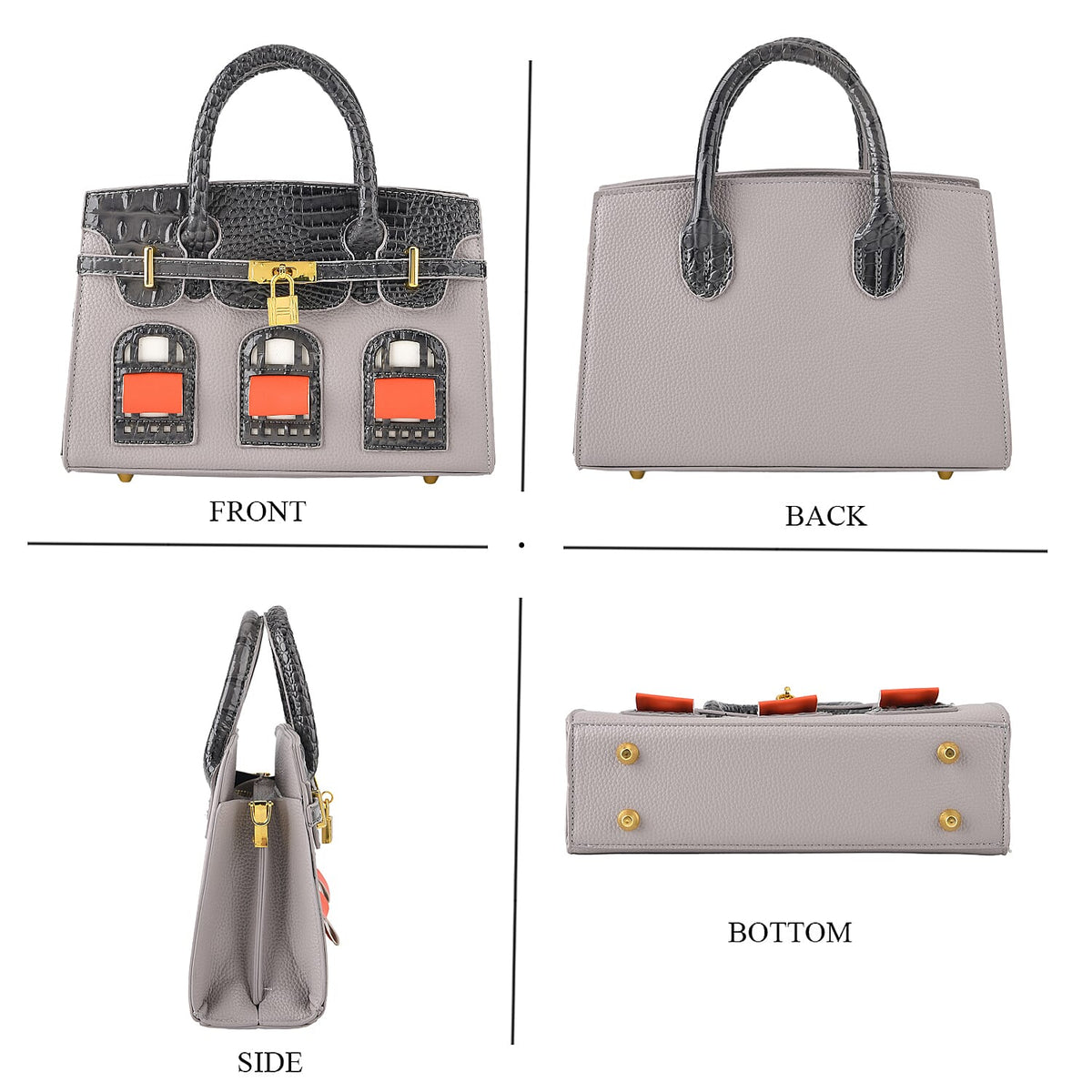 Designer-Inspired Structured Handbag with Crossbody Strap - Grey 8447539 5