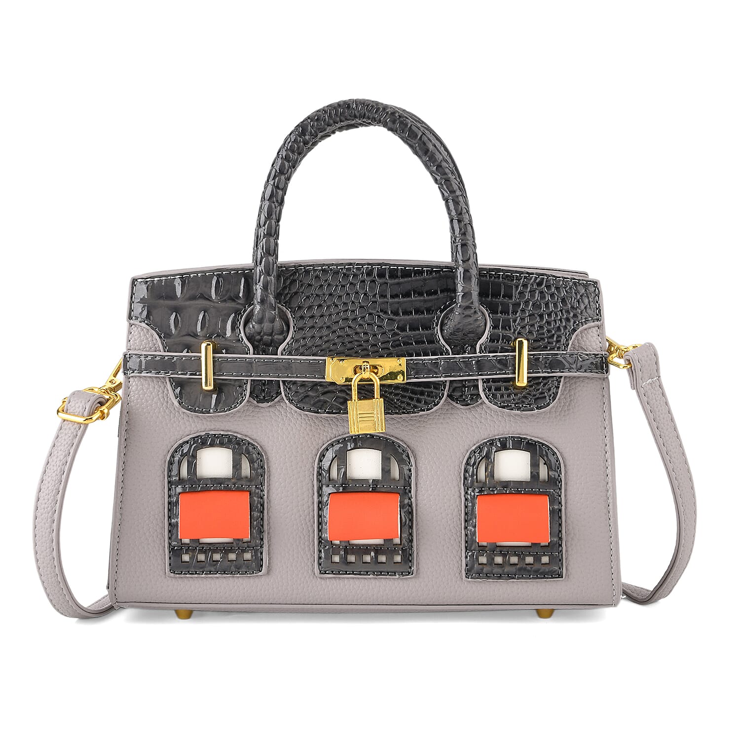 Designer-Inspired Structured Handbag with Crossbody Strap - Grey V32361884 0