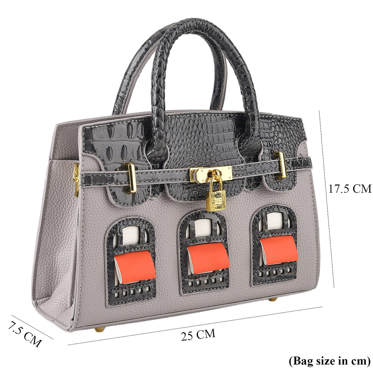 Designer-Inspired Structured Handbag with Crossbody Strap - Grey 8447539 8