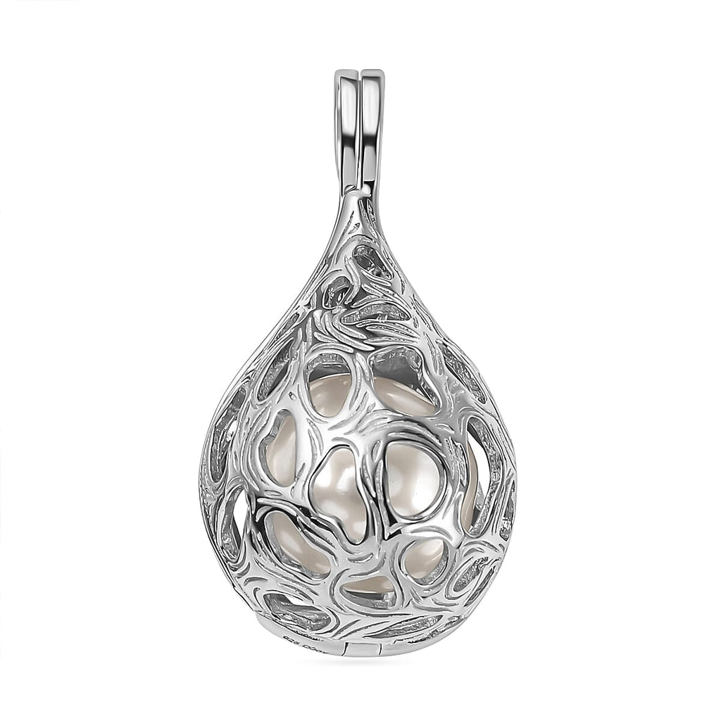 Designer Inspired  - White Edison Pearl Caged Pendant in Rhodium Overlay Sterling Silver