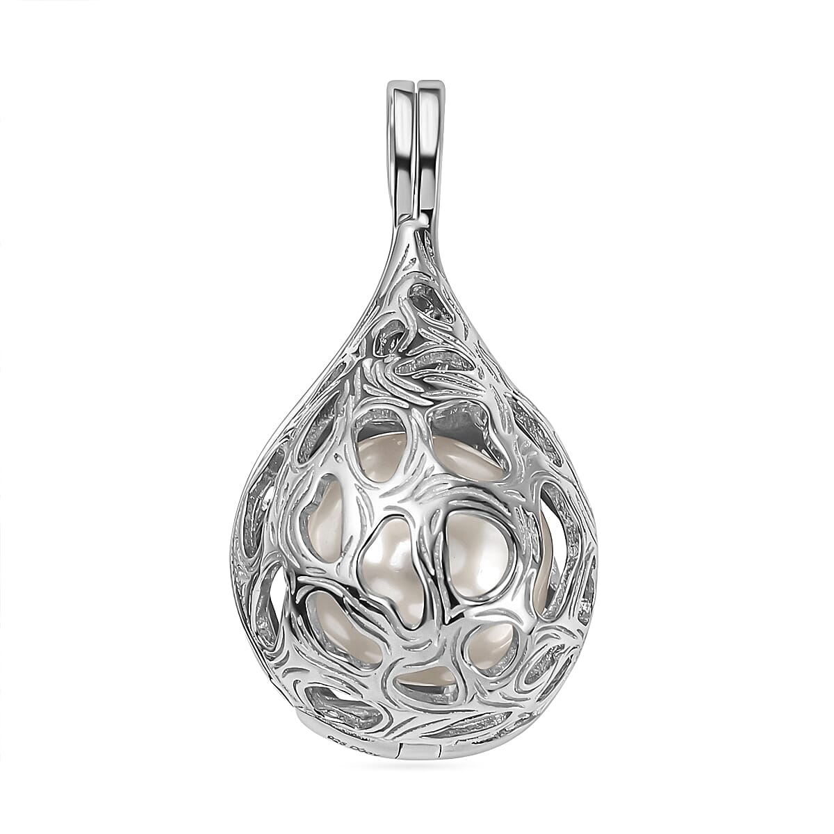Designer Inspired  - White Edison Pearl Caged Pendant in Rhodium Overlay Sterling Silver 7636892 0