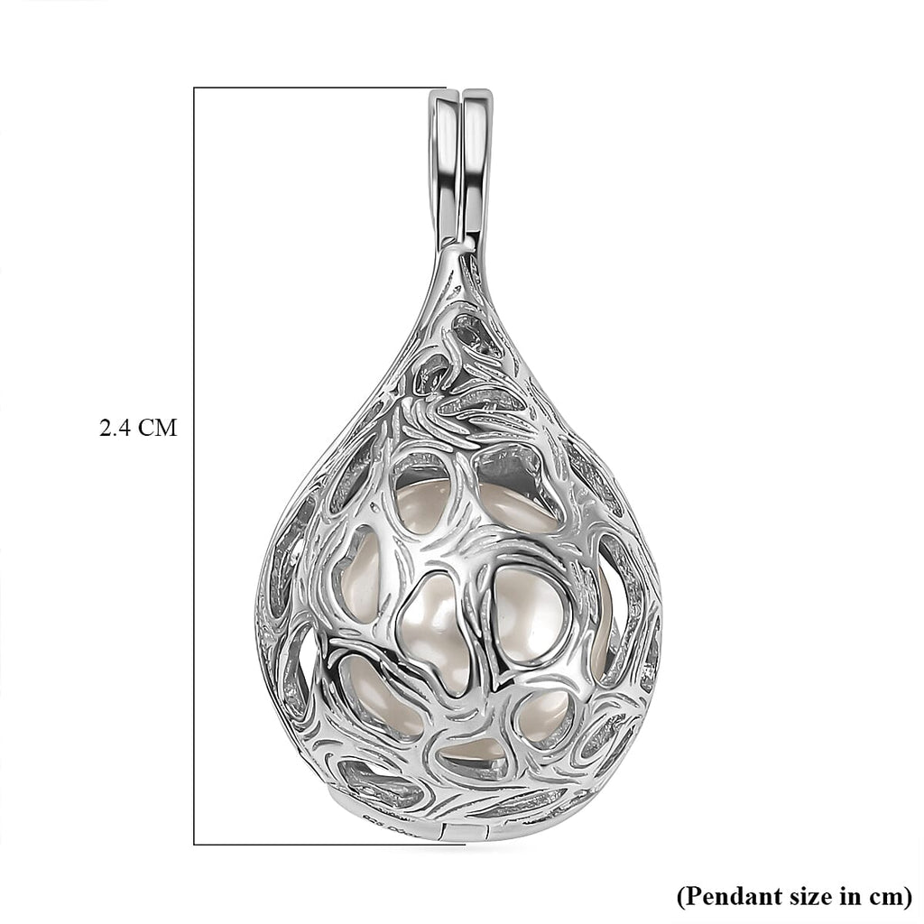 Designer Inspired  - White Edison Pearl Caged Pendant in Rhodium Overlay Sterling Silver