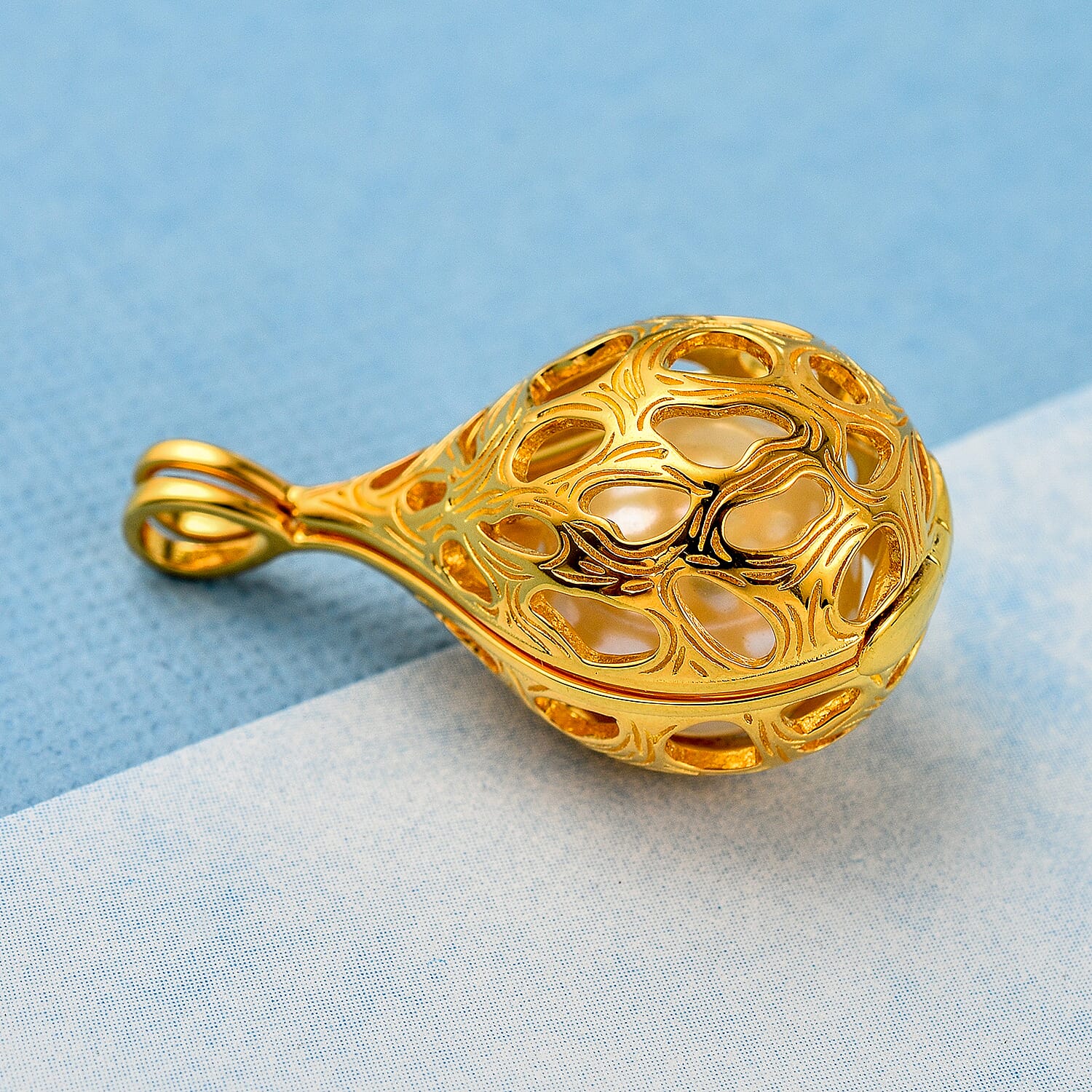 Designer Inspired  - White Edison Pearl Caged  in Sterling Silver with Gold Overlay 7635782 2
