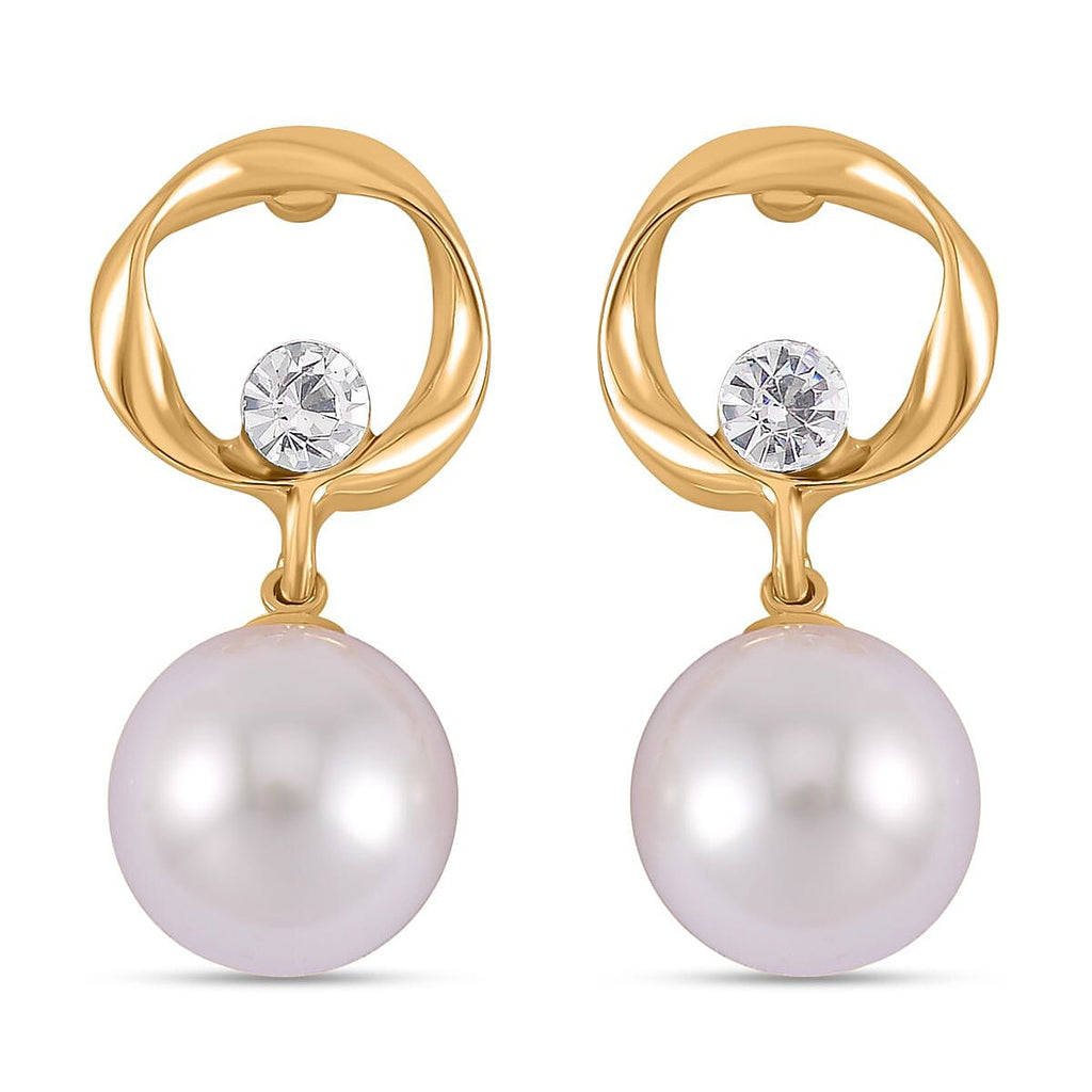 Designer Inspired White Shell Pearl and White Austrian Crystal Earrings in Yellow Gold Tone